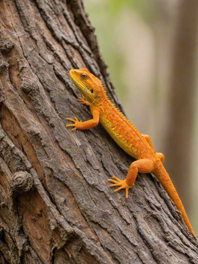 a close-up of a vibrant orange and yellow lizard climbing a textured tree trunk in a natural setting with a soft blurred background