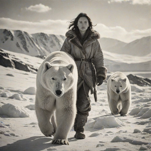 A very old photograph in black and white. The photo is badly damaged, faded, with scratches, tears, smudges and dirt. The photo is ultra-realistic and very detailed. It's a picture of an Arctic warrior. She is walking serenely towards the camera. At her side walks a majestic polar bear. Its fur shines in the sunlight. Snow, ice, sea. wind. snow in the air.
