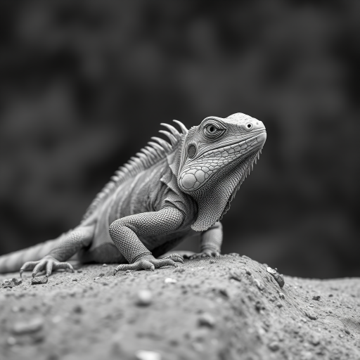 Capture a highly detailed black and white image of a large iguana posed on a rough surface with a blurred background, using a DSLR camera with a 50mm lens, aperture f/2.8, ISO 100, and a shutter speed of 1/200 sec for a shallow depth of field and high contrast.