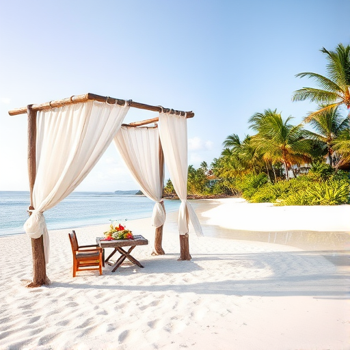 Create a picturesque tropical beach scene featuring a serene, white sandy shore. In the foreground, there's a rustic wooden canopy with white drapes gently flowing in the breeze. Underneath the canopy, a table is set with tropical decor, evoking a sense of relaxation and leisure. The beach extends into a calm, shallow water area with reflections of the sky and surroundings. Palm trees and lush greenery line the edge of the beach, providing a natural, tropical backdrop. The sky is clear with a few scattered clouds, and the overall atmosphere is tranquil and inviting, perfect for a peaceful retreat.