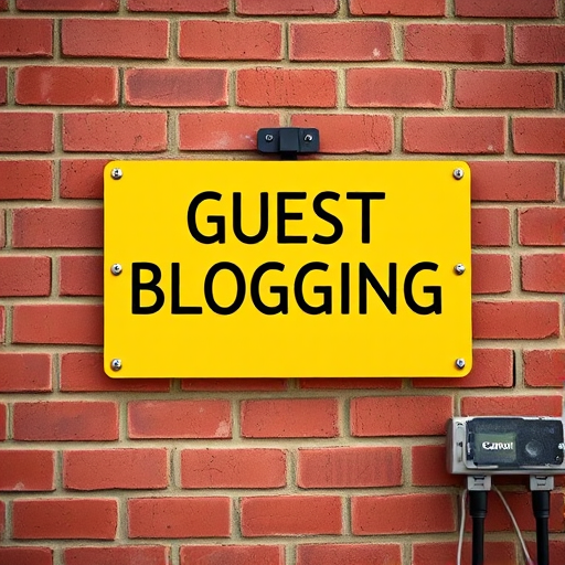Generate an image of a bright yellow sign with the text "GUEST BLOGGING" in bold, stylized black letters mounted on a textured red brick wall, captured with a Canon EOS R5 at 50mm, f/1.8, ISO 100, 1/200 sec, using a shallow depth of field to focus on the sign while softly blurring the background.