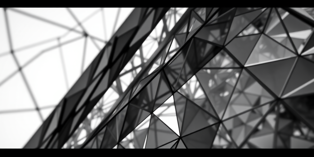 Generate an abstract black and white image with intricate geometric patterns, captured using a DSLR camera at f/8 aperture, ISO 100, shutter speed 1/60s, taken from a low angle, in a high-contrast style to enhance detail and sharpness.