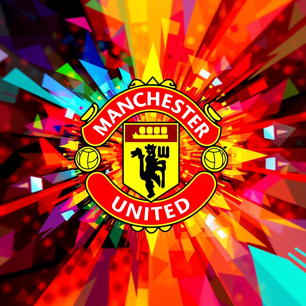 Create an abstract, vibrant digital artwork featuring the Manchester United logo, using a wide-angle lens with a f-stop of 4.0, ISO 100, at a focal length of 18mm, in high resolution with a dynamic range of colors and geometric shapes.