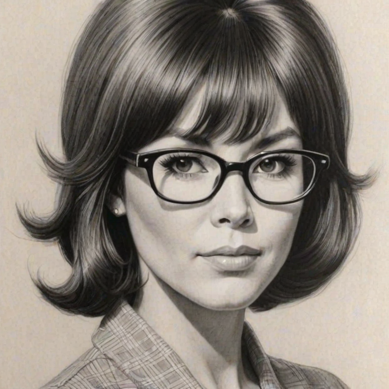 Appealing Michele Lee, pencil sketch, portrait of Pleasing woman 1963s in glasses, hair style beatnik, outline, clear lines, fine lines, 8k