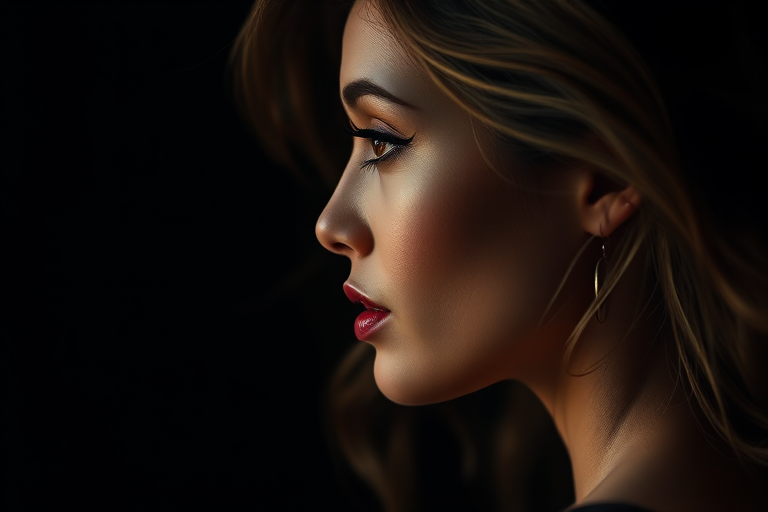 Create a high-quality portrait of a woman in profile, with soft dramatic lighting and a moody atmosphere, captured with a Canon EOS R5, 85mm f/1.2 lens, aperture set to f/1.2, ISO 100, shutter speed 1/200s, with a focus on her expressive features and subtle textures of her skin against a blurred dark background.