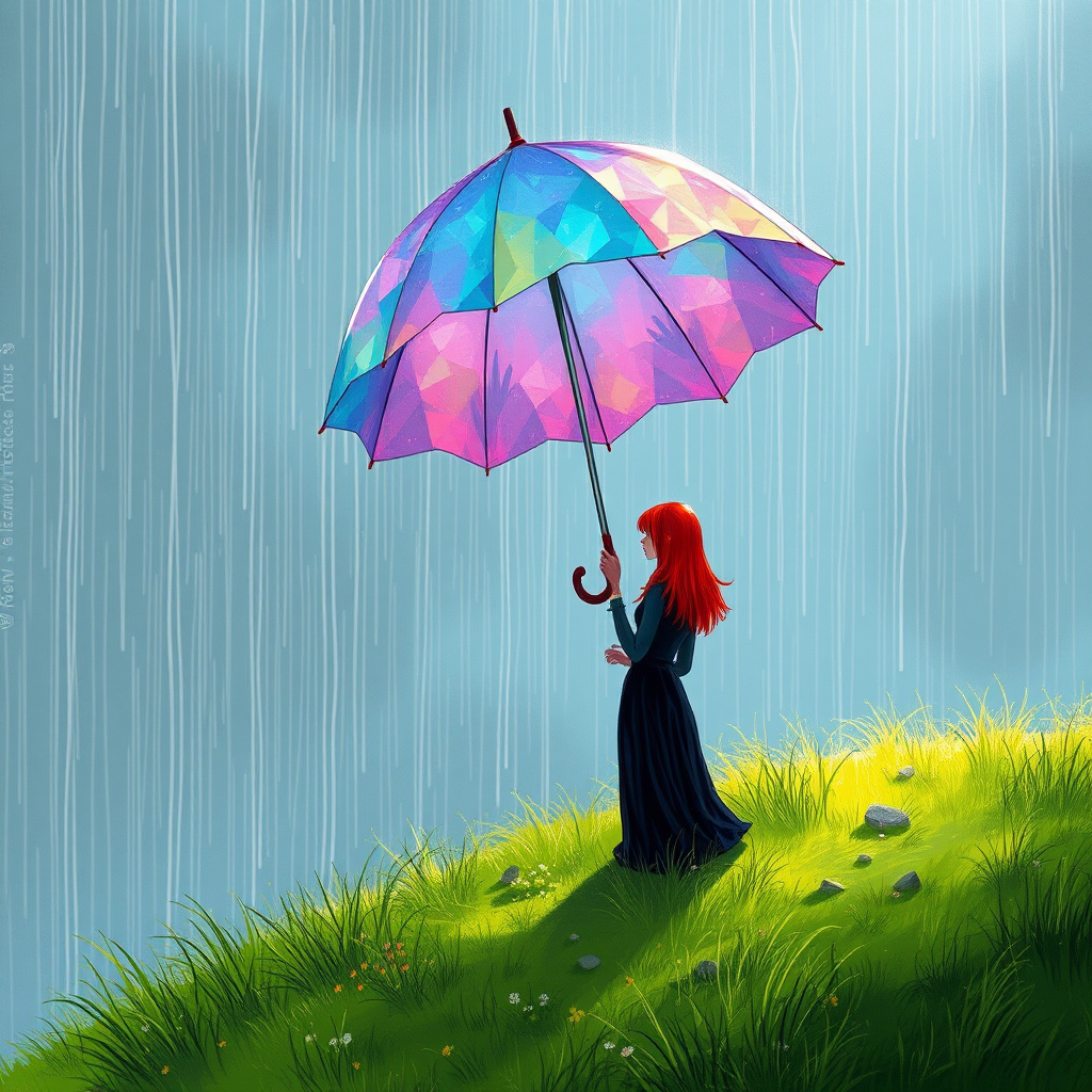 A surreal hand-drawn digital artwork depicting a mysterious red-haired woman standing on a grassy hill under the rain. She holds an umbrella crafted from iridescent zircon, its vibrant sheen contrasting with the soft, rainy atmosphere. The scene feels dreamlike, blending the natural elements of the hill and rain with the otherworldly shimmer of the umbrella.