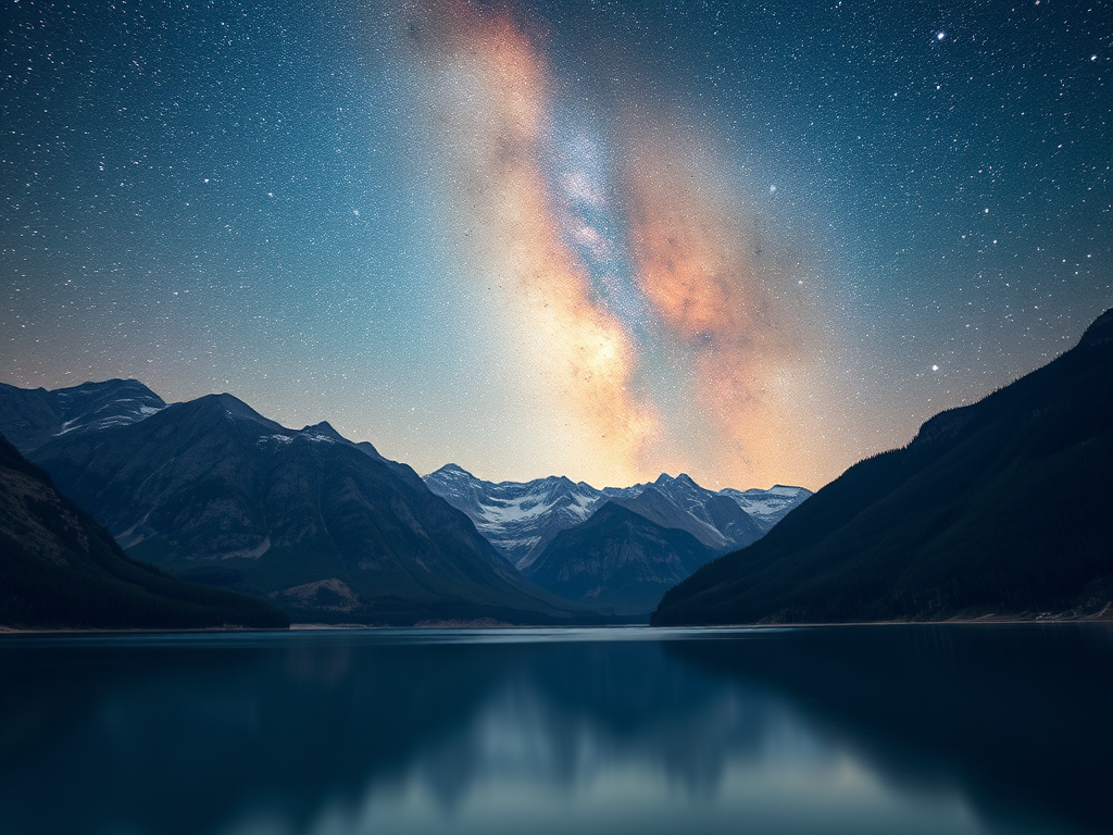 Create a serene landscape featuring a tranquil lake surrounded by majestic mountains under a vibrant night sky filled with stars and a prominent Milky Way, captured with a Canon EOS R5, 24mm f/1.4 lens, ISO 800, f/2.8, at a 30-second exposure, using a wide-angle view and long exposure photography style to enhance color depth and clarity.