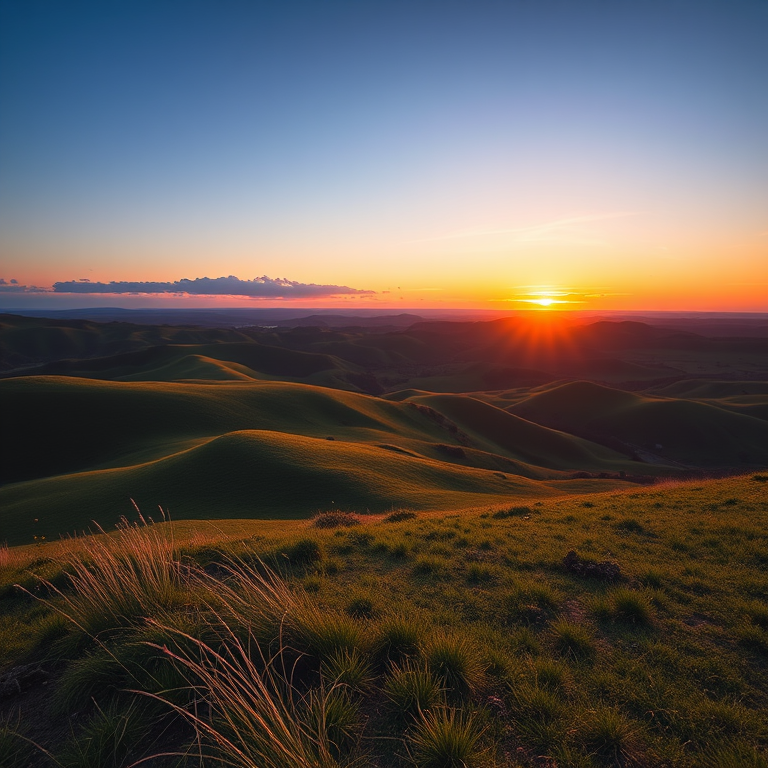 Create a high-resolution image of a serene landscape featuring rolling hills and a vibrant sunset, captured with a Canon EOS R5, 24mm lens, f/8 aperture, ISO 100, 1/100 sec exposure, using a wide-angle view to include foreground details and enhance the overall depth.