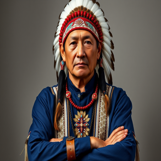 Create a dignified portrait of a Native American man dressed in traditional attire. He wears a beautifully crafted headdress adorned with white feathers and red beads, along with a beaded headband featuring intricate patterns. His clothing includes a deep blue, patterned shirt and a traditional chest piece with detailed beadwork. His arms are crossed, displaying leather armbands decorated with feathers. The background is simple and neutral, emphasizing his proud and stoic expression. The overall image captures the rich cultural heritage and strength of his persona.