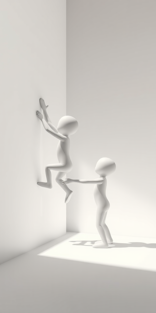 3D render of two simple humanoid figures in a minimalist setting, one figure climbing a wall supported by another, soft lighting, high resolution, 50mm lens, f/8 aperture, ISO 100, professional DSLR camera, shot from eye level.
