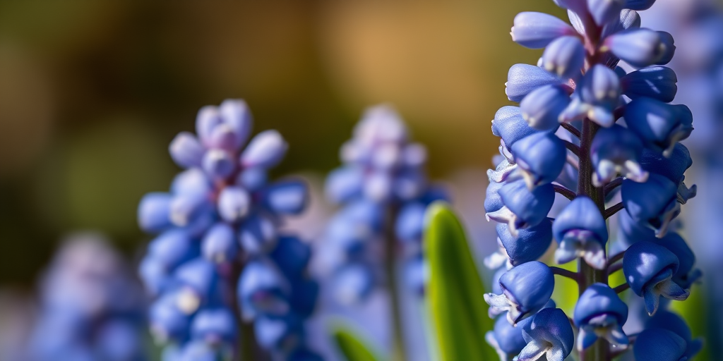 close-up of blue grape hyacinth flowers with detailed textures and soft background, captured with a Canon EOS 5D Mark IV, f/2.8 aperture, ISO 100, 50mm macro lens, natural soft lighting, shallow depth of field