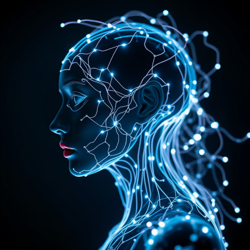 Create a futuristic portrait of a humanoid figure composed of intricate interconnected light strands, with a dark background and glowing blue and white accents, using a Canon EOS R5 camera, 50mm lens, aperture f/1.8, ISO 100, 1/200 sec shutter speed, soft lighting, and side profile view.