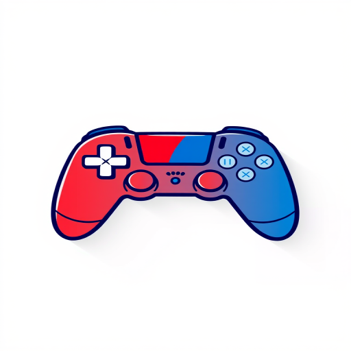 Create a high-resolution digital illustration of a stylish gaming controller logo, with a vibrant color scheme of red, blue, and white, centered in a circular design, captured using a DSLR camera at f/2.8 aperture, ISO 100, 50mm lens, natural lighting, and a shallow depth of field to enhance image quality.