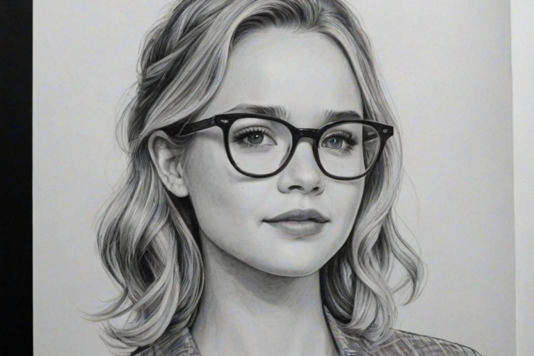 Pleasing Britt Robertson, pencil sketch, portrait of Lovely woman 1953s in glasses, hair style beatnik, outline, clear lines, fine lines, 8k