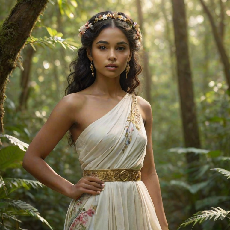 Create a portrait of a goddess-like Indo-Caribbean girl figure in a tranquil, forested environment. She has an elegant appearance with long, wavy hair styled in an updo and adorned with a delicate, floral headband. She wears a flowing, ancient Greek-inspired gown in a soft, pale color, featuring a one-shoulder design and draped fabric that accentuates her graceful form. The outfit includes a decorative belt with ornate gold detailing, and she holds a bow in her hand, with a quiver of arrows slung over her shoulder. The background depicts lush greenery, with sunlight filtering through the trees, casting a gentle, ethereal light on the scene. Her expression is calm and contemplative, embodying a sense of wisdom and serenity.