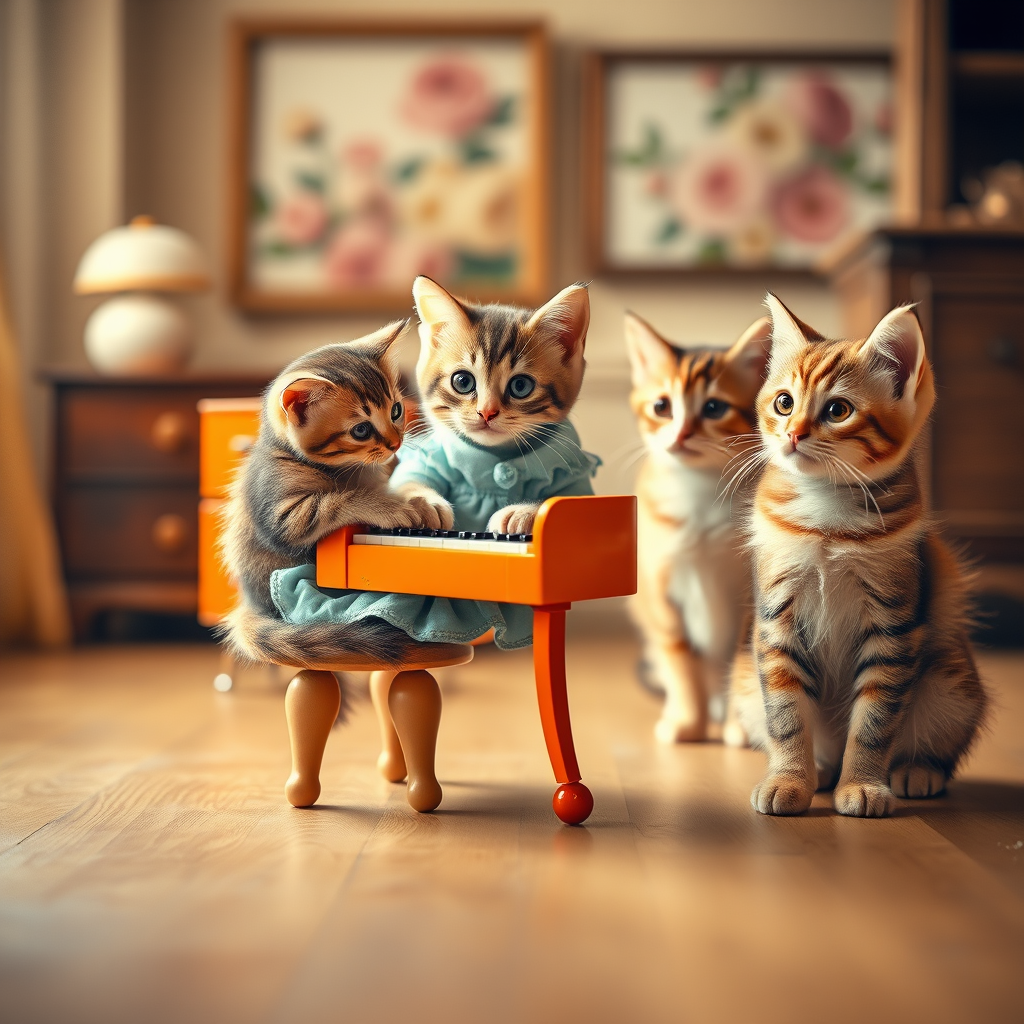 A charming scene of three cute cats in a vintage-style room. One cat, wearing a small, light-blue dress, sits on a tiny stool playing a miniature orange piano. Two other cats, with wide, curious eyes, watch the piano-playing cat intently. The room has warm lighting, with a cozy, old-fashioned aesthetic, soft wooden floors, and a blurred floral painting in the background. The overall mood is playful and whimsical, capturing the innocent curiosity of the cats. The image has a slightly worn, nostalgic feel, reminiscent of an old photograph.