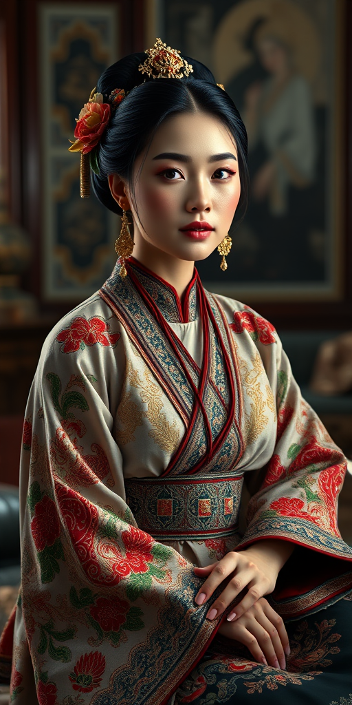 A beautiful Ashkenazi woman in traditional East Asian attire, intricately detailed with embroidered patterns, sitting gracefully in a richly decorated room, soft ambient lighting, serene and elegant, ultra-realistic, 8K resolution