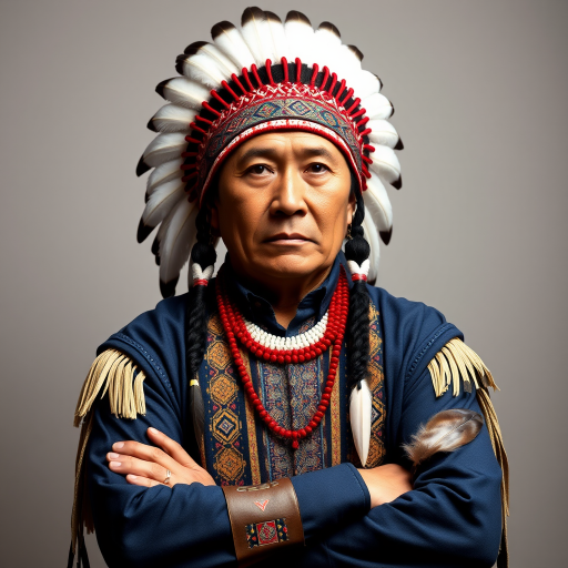 Create a dignified portrait of a Native American man dressed in traditional attire. He wears a beautifully crafted headdress adorned with white feathers and red beads, along with a beaded headband featuring intricate patterns. His clothing includes a deep blue, patterned shirt and a traditional chest piece with detailed beadwork. His arms are crossed, displaying leather armbands decorated with feathers. The background is simple and neutral, emphasizing his proud and stoic expression. The overall image captures the rich cultural heritage and strength of his persona.