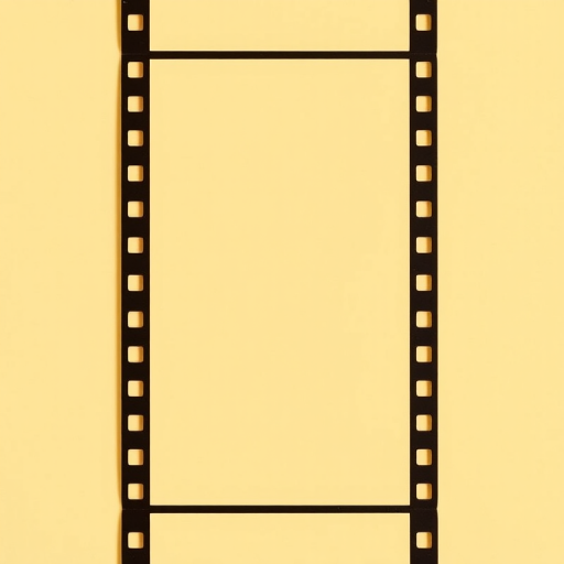 Create an empty film strip with three frames, each containing a solid color background, using a Canon EOS R5 camera, 50mm lens, aperture f/1.8, ISO 100, shutter speed 1/200s, in a top-down view with bright, even lighting.