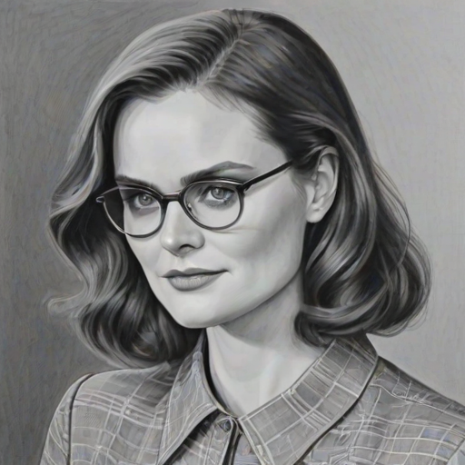 Charming Emily Deschanel, pencil sketch, portrait of Sublime woman 1944s in glasses, hair style beatnik, outline, clear lines, fine lines, 8k