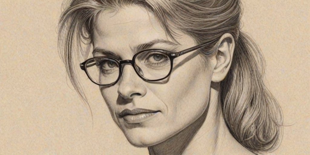 Gorgeous Linda Hamilton, pencil sketch, portrait of Elegant woman 1933s in glasses, hair style beatnik, outline, clear lines, fine lines, 8k