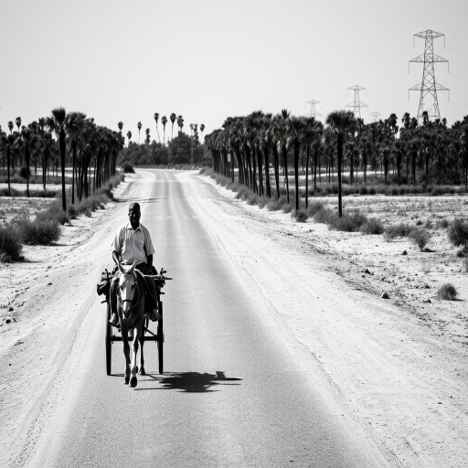 a black and white image of a person riding on a cart pulled by a horse along a deserted road with palm trees and distant electrical poles in the background