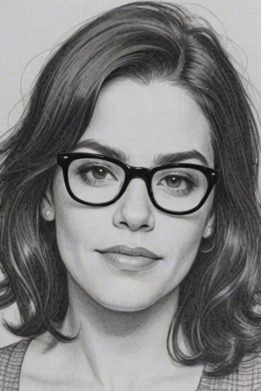 Appealing Abbi Jacobson, pencil sketch, portrait of Ravishing woman 1956s in glasses, hair style beatnik, outline, clear lines, fine lines, 8k