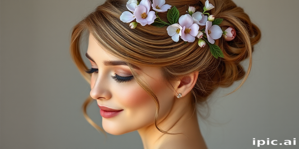 Graceful woman sporting a romantic updo with soft tendrils framing her face, adorned with delicate floral accessories and a subtle lavender tint