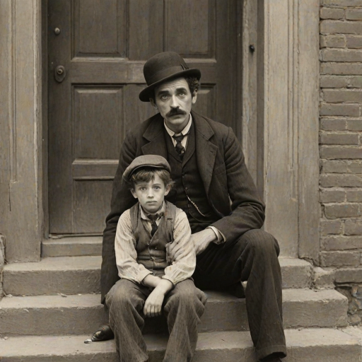 A black-and-white photograph of a man and a child sitting on steps in front of a doorway. The man is dressed as a tramp with a bowler hat, mustache, and ragged clothes, reminiscent of Charlie Chaplin's iconic look. He is sitting with his arms crossed and an expression of slight sadness or frustration. Next to him is a young boy, also in worn clothes and a cap, sitting with his hands clasped, looking thoughtful. The background is an old, textured wall and a partially open door, creating a vintage, early 20th-century atmosphere.