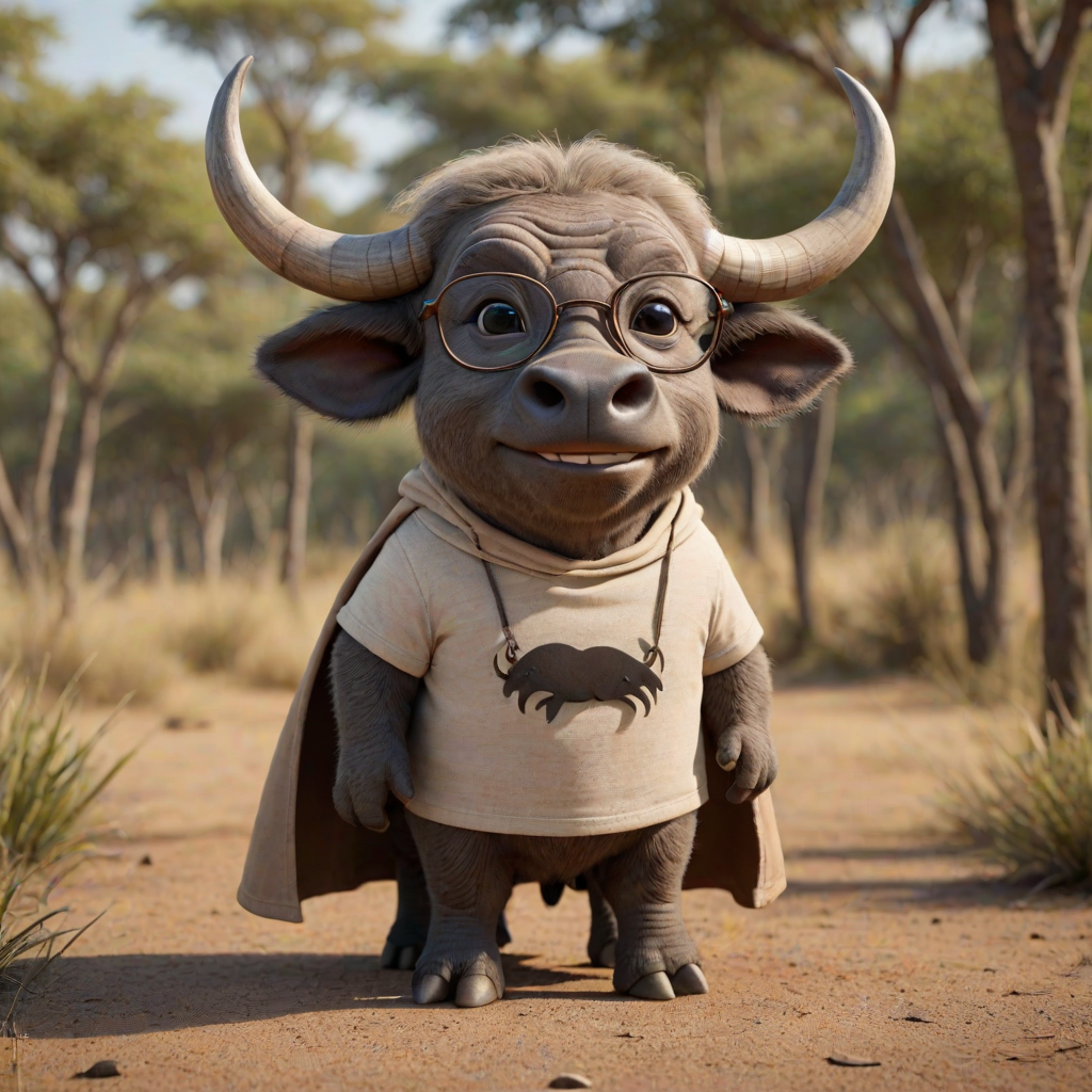 Hyperrealistic 3D render of a smiling cartoon Cape Buffalo wearing glasses and a beige t-shirt with a smaller buffalo image printed on it, missing some teeth, set against a blurred African savanna background, detailed fur, 8k resolution, octane render, artstation trending.
