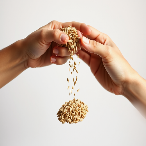 Regenerate an image of two hands pouring seeds against a plain background with high-resolution settings, aperture f/2.8, shutter speed 1/250s, ISO 100, 50mm lens, macro view, soft lighting, and DSLR camera type.