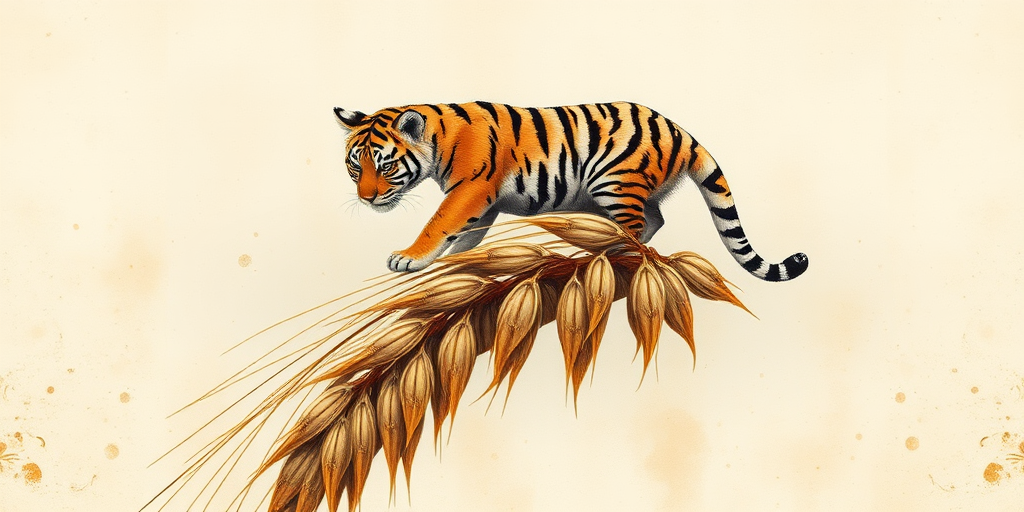 Soft, muted Alcohol Ink with ebru effect background image of tiny whimsical tiger, who climbed high on the top of a golden rye ear.