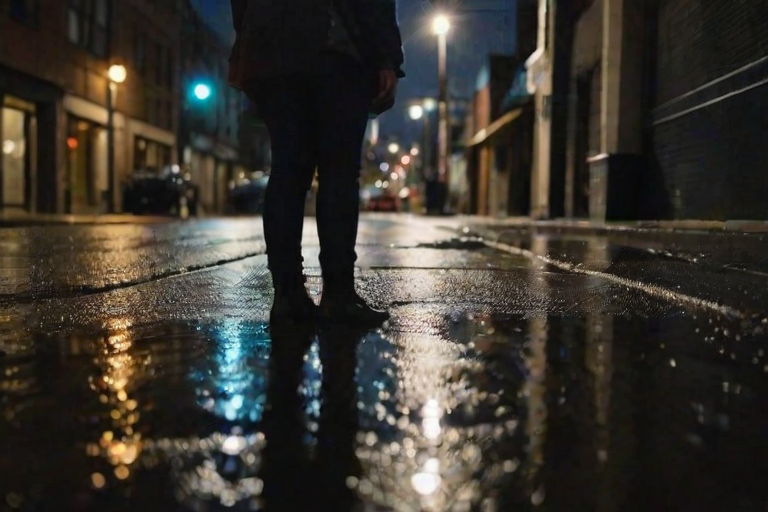 Rainy urban street at night, a woman stands under a streetlight, her reflection visible in the puddle at her feet as raindrops ripple across the surface.