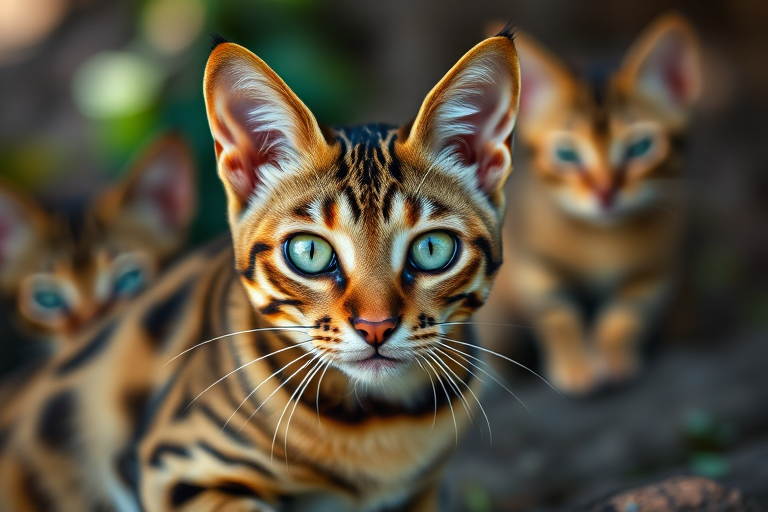 close-up of a Bengal cat with striking green eyes sitting on a log, shallow depth of field, natural light, aperture f/2.8, ISO 200, 50mm lens, DSLR camera, portrait orientation, soft bokeh background with blurred cats.