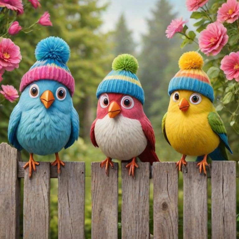 create a scene of 4 quirky  whimsical colourful comical birds each with a funny expression. they are sat on a wooden fence with colourful flowers. they are all different sizes. each one is a different colour  one is wearing a woolly hat. Each one has a different quirky google expression and there is a muted background of trees watercolour paintierly style high definition 8k resolution 3D paper mache