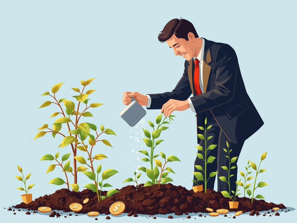 Create an illustration of a businessman in a suit watering a money tree, surrounded by plants with cash and coins, set against a soft blue background, using a Canon EOS R5, 50mm lens, f/1.8 aperture, 1/200s shutter speed, in a flat lay perspective with vibrant colors and smooth gradients for enhanced visual appeal.
