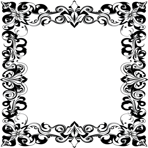 Create an intricate black and white ornate border design with floral and geometric patterns, high-resolution, shot with a Canon EOS 5D Mark IV, 35mm lens, aperture f/8, ISO 100, in portrait orientation for clarity and detail.