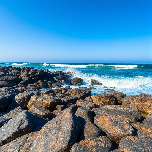 Generate a high-resolution image of a rocky beach with waves crashing on the shore under a clear blue sky, using a DSLR camera with a 50mm lens, aperture set to f/8, ISO 100, and a shutter speed of 1/200s, taken from a low angle to emphasize the textures of the rocks and the movement of the water.
