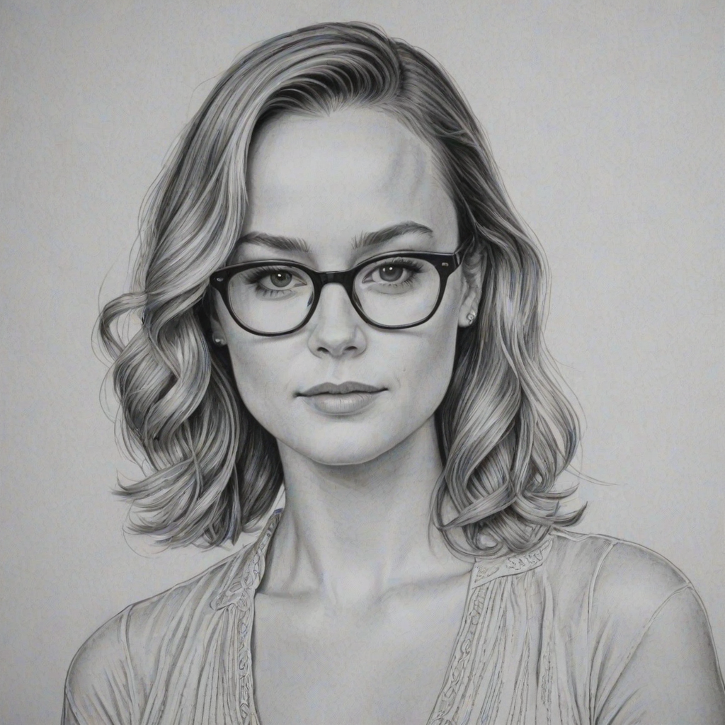 Captivating Brie Larson, pencil sketch, portrait of Alluring woman 1947s in glasses, hair style beatnik, outline, clear lines, fine lines, 8k