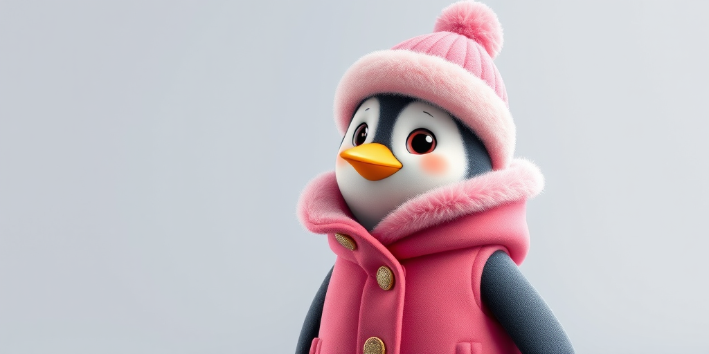 Create a cartoon-style image of a penguin wearing a pink winter coat with white fur trim and matching hat, shot with a DSLR camera at f/4 aperture, ISO 100, in a studio setting with soft lighting.