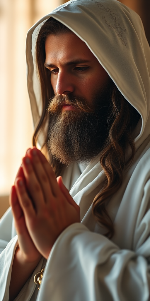 portrait of a man with long hair and beard, wearing a white robe and hood, praying with hands clasped, soft natural light illuminating the face, Canon EOS 5D Mark IV, 85mm lens, f/1.8 aperture, ISO 100, shallow depth of field, soft focus background