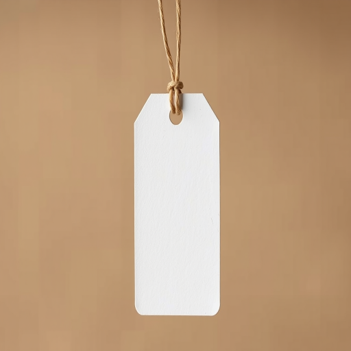 Create a clean, minimalistic blank tag design with a rectangular shape and a circular hole for string attachment, using a high-resolution camera at 300 DPI, with a depth of field focus effect, taken from a slight angle to add dimension, using a DSLR camera with a 50mm lens for sharp detail.