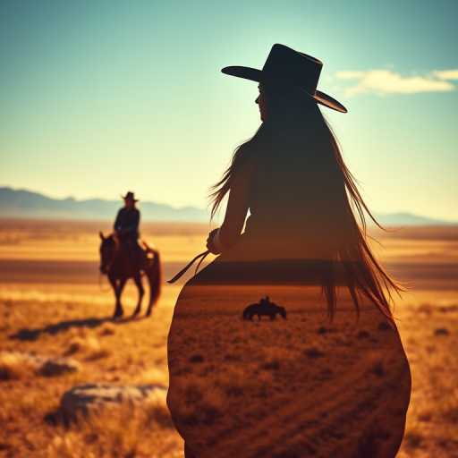 "Create a Double exposure", a silhouette "profile portrait of a young cowgirl" with long hair "superimposed" against a long shot of a cowgirl riding a horse across the plains, fantastic view, 32k, cinematic, hyper-realistic.