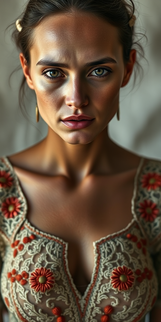 Face, shoulders, chest covered in openwork Romani embroidery. Raw, unedited image.