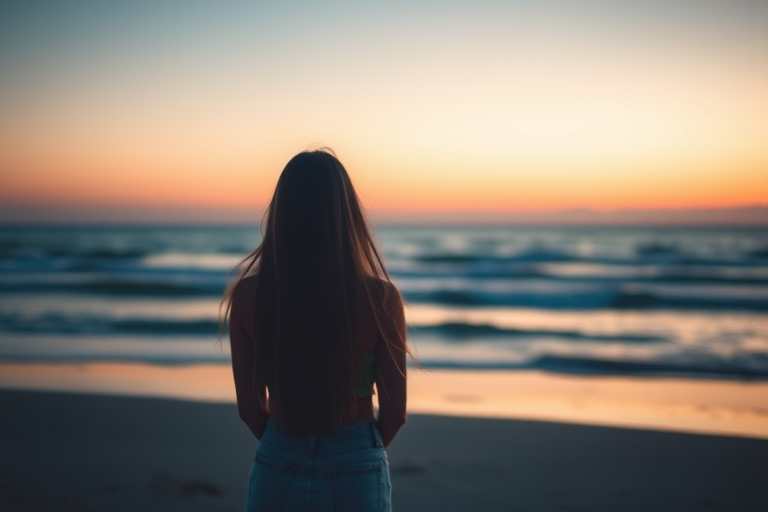 Create an image of a person with long hair standing alone on a beach, facing the ocean, captured during twilight with a soft focus effect, using a 50mm lens, aperture f/1.8, shutter speed 1/250 sec, ISO 400, in a DSLR style for enhanced image quality.