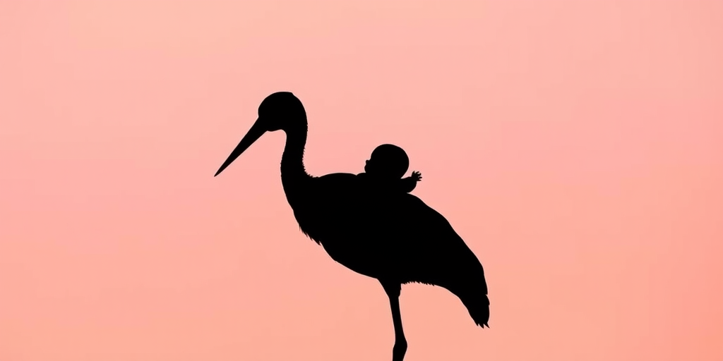 Create a minimalist silhouette image of a stork carrying a baby, background in soft pastel colors, shot with a DSLR camera at f/2.8 aperture, ISO 100, using a 50mm lens for a shallow depth of field and soft focus effect.