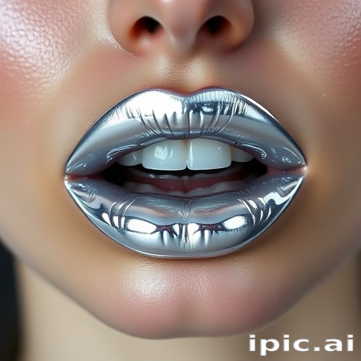 Metallic silver lips with a chrome-like finish, reflecting light and creating a futuristic, space-age look for an avant-garde runway show