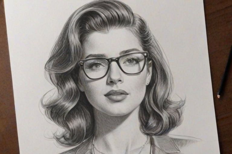Radiant Robin Thicke, pencil sketch, portrait of Lovely woman 1945s in glasses, hair style beatnik, outline, clear lines, fine lines, 8k