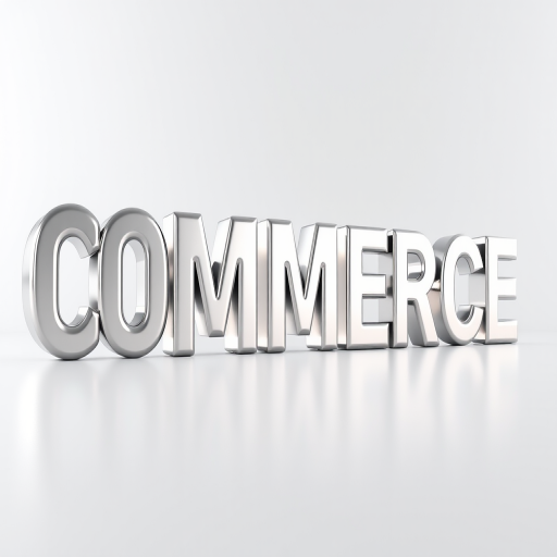 Create a high-resolution 3D render of the word "COMMERCE" in shiny metallic chrome style with soft reflections and a gradient background, using a DSLR camera type, 50mm lens, f/8 aperture, and an ISO of 100 for optimal clarity and depth of field.