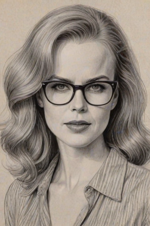 Lovely Nicole Kidman, pencil sketch, portrait of Fetching woman 1943s in glasses, hair style beatnik, outline, clear lines, fine lines, 8k